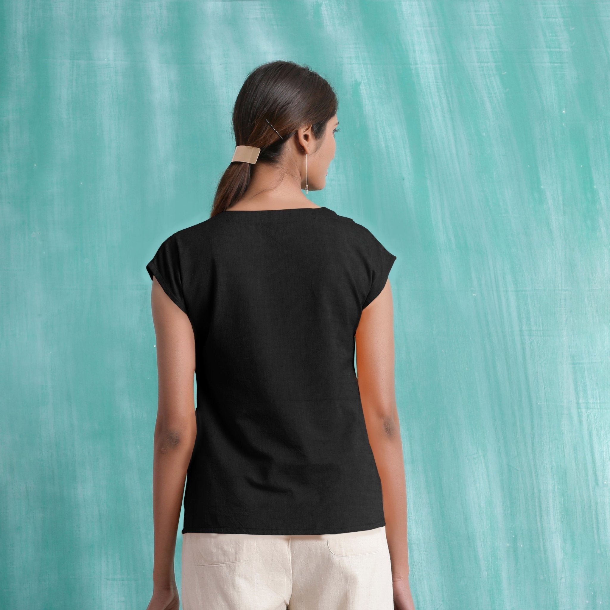 Black Mirror Work Handspun Cotton Drop Shoulder Top