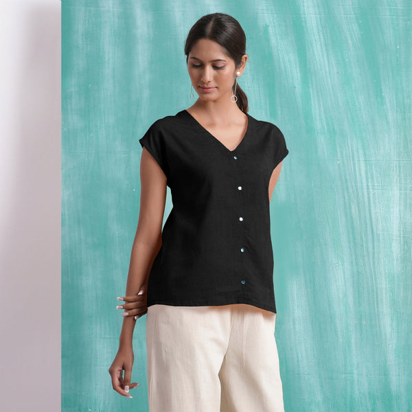 Black Mirror Work Handspun Cotton Drop Shoulder Top