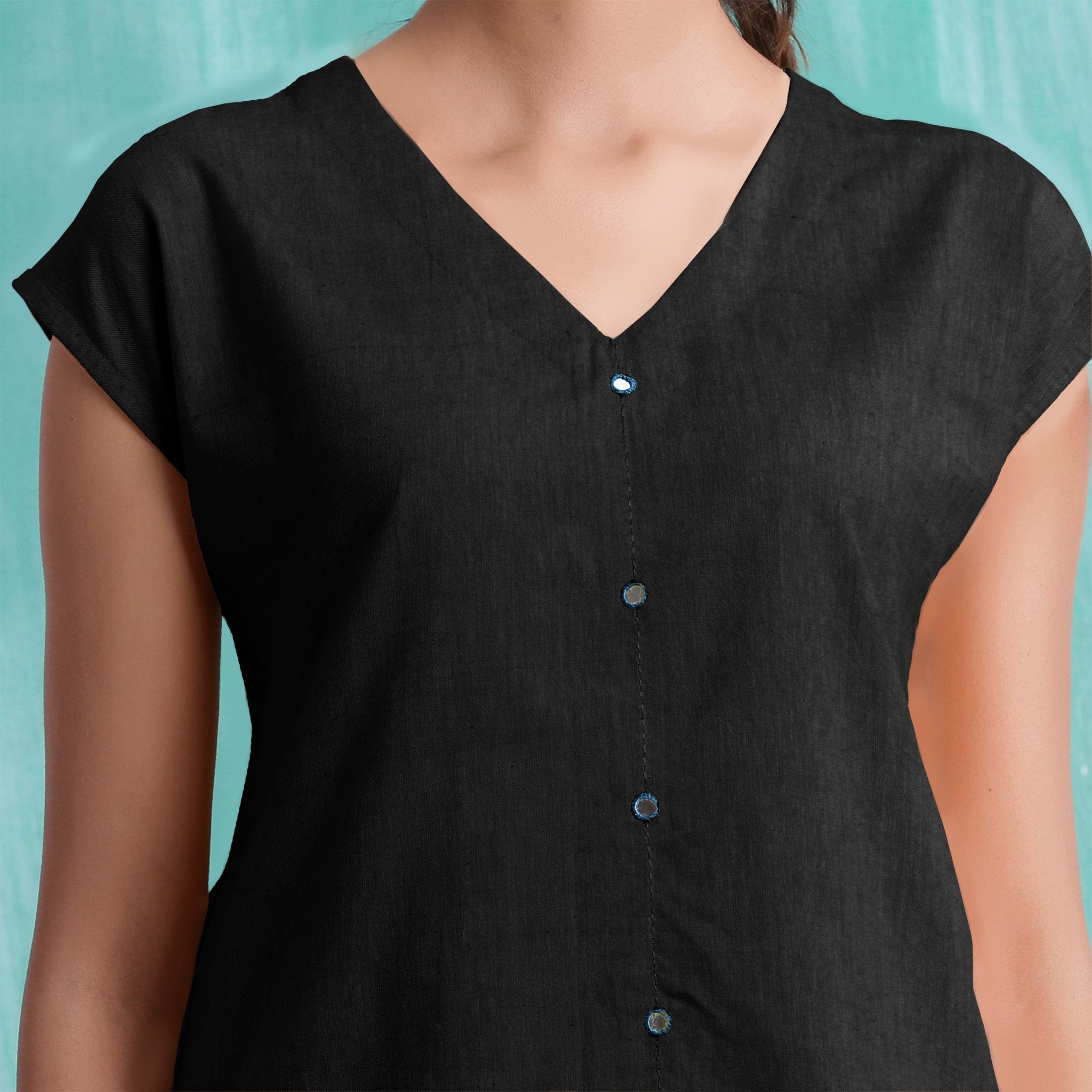 Black Mirror Work Handspun Cotton Drop Shoulder Top