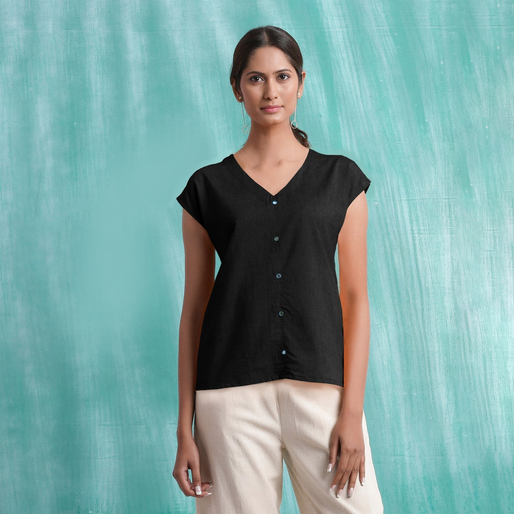 Black Mirror Work Handspun Cotton Drop Shoulder Top