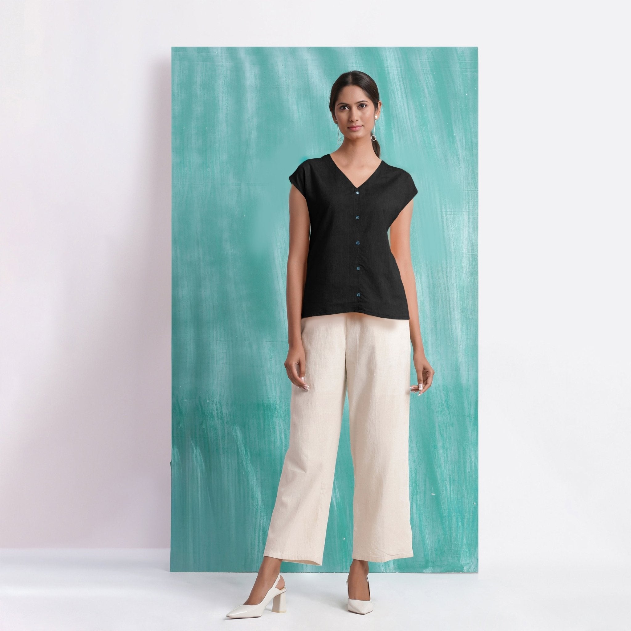Black Mirror Work Handspun Cotton Drop Shoulder Top