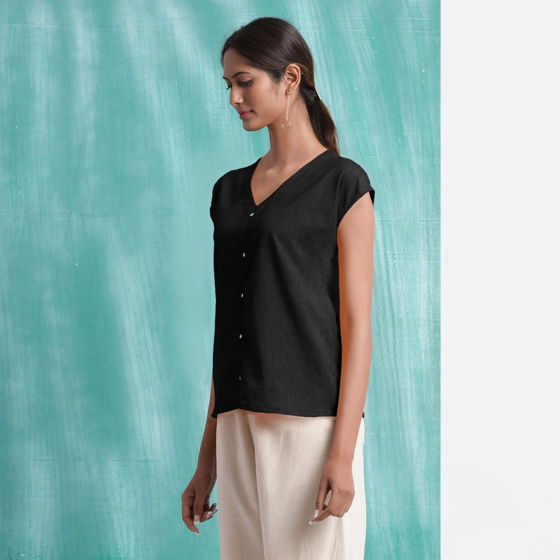 Black Mirror Work Handspun Cotton Drop Shoulder Top