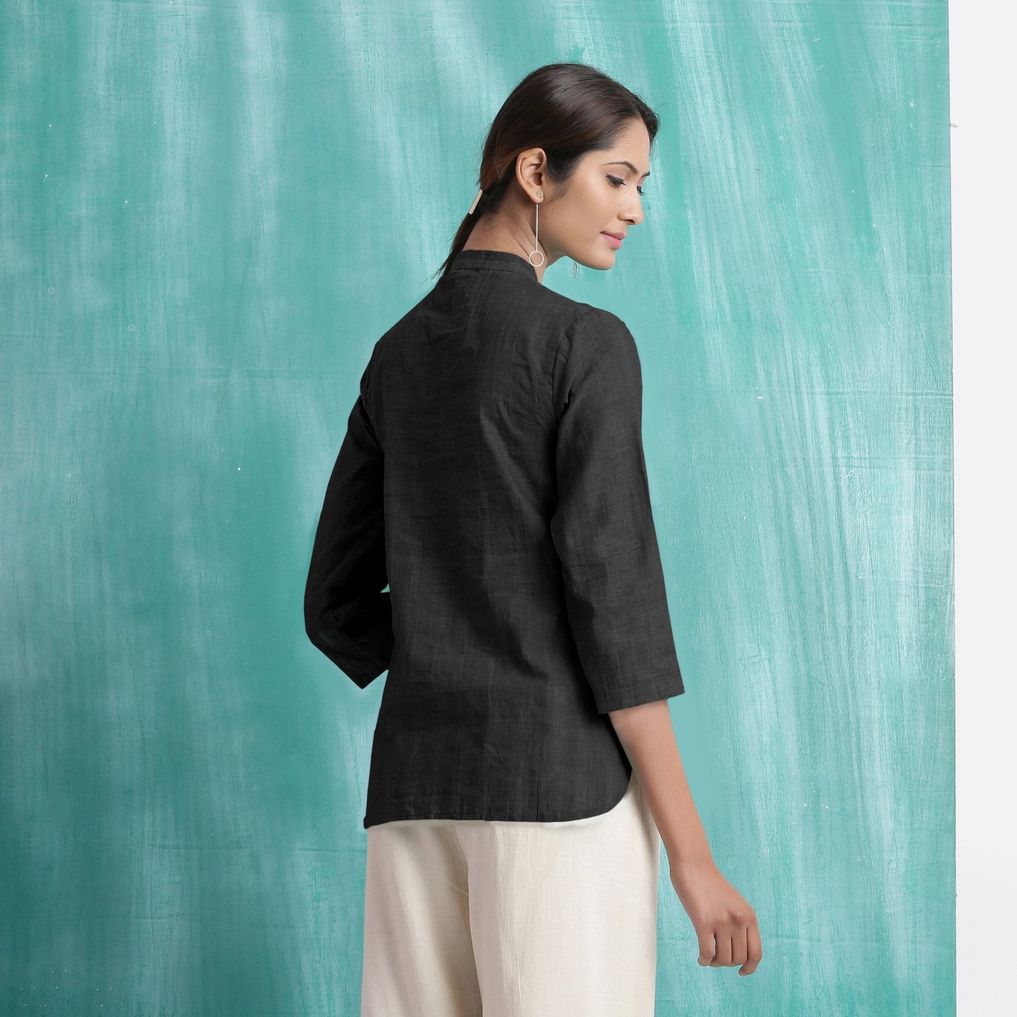 Black Mirror Work Handspun Cotton Mandarin Collar Top