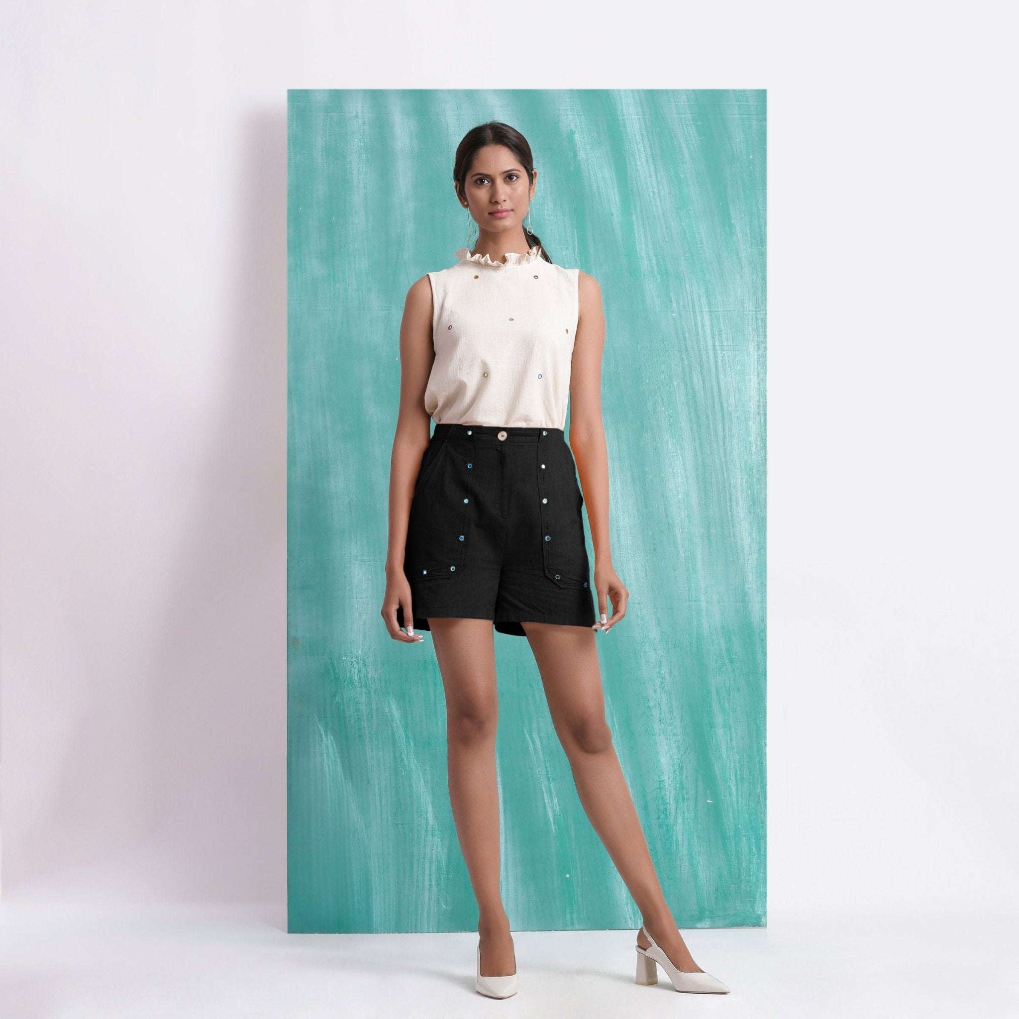 Black Mirror Work Handspun Cotton Mid-Rise Elasticated Shorts