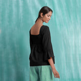 Black Mirror Work Handspun Cotton Poet Sleeves Yoked Top
