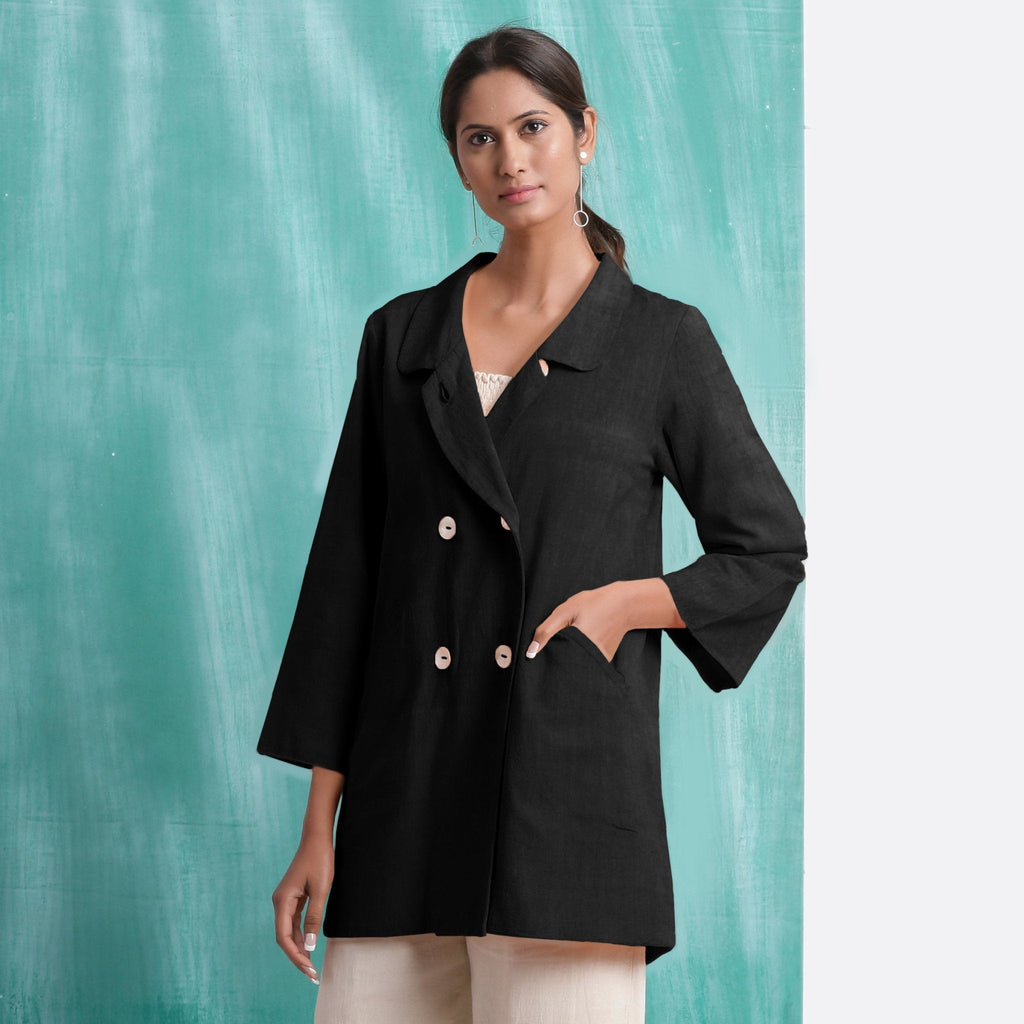 Black Handspun Cotton Welt Pocket Coat