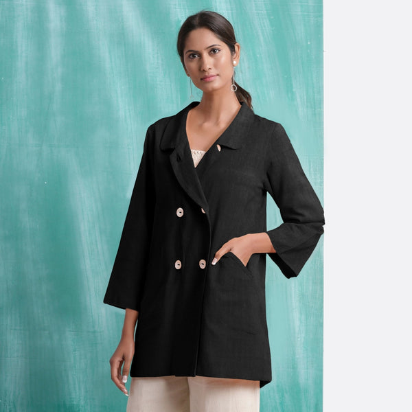 Black Handspun Cotton Welt Pocket Coat