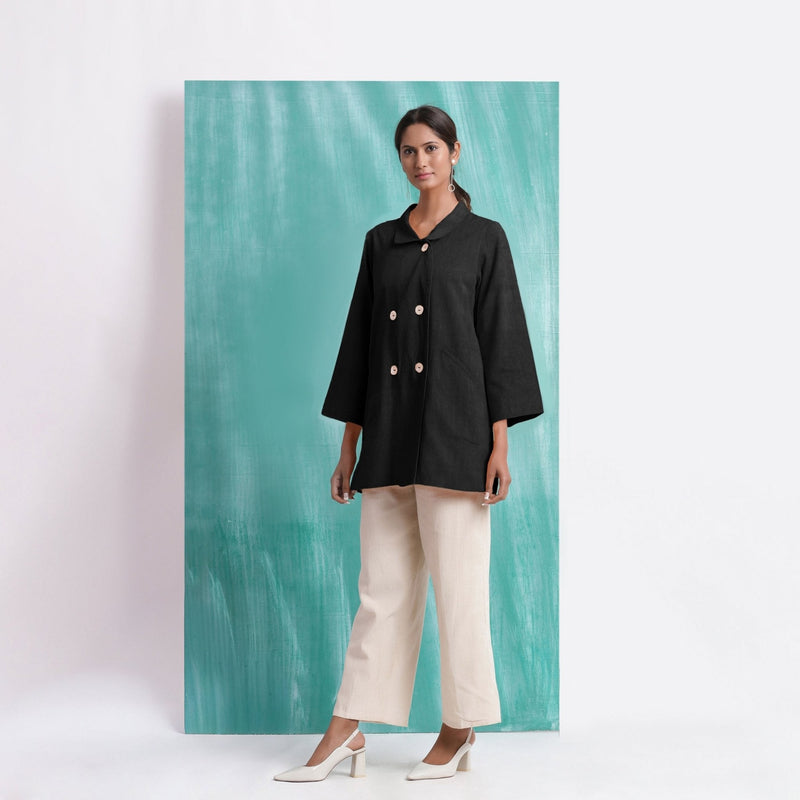 Black Handspun Cotton Welt Pocket Coat