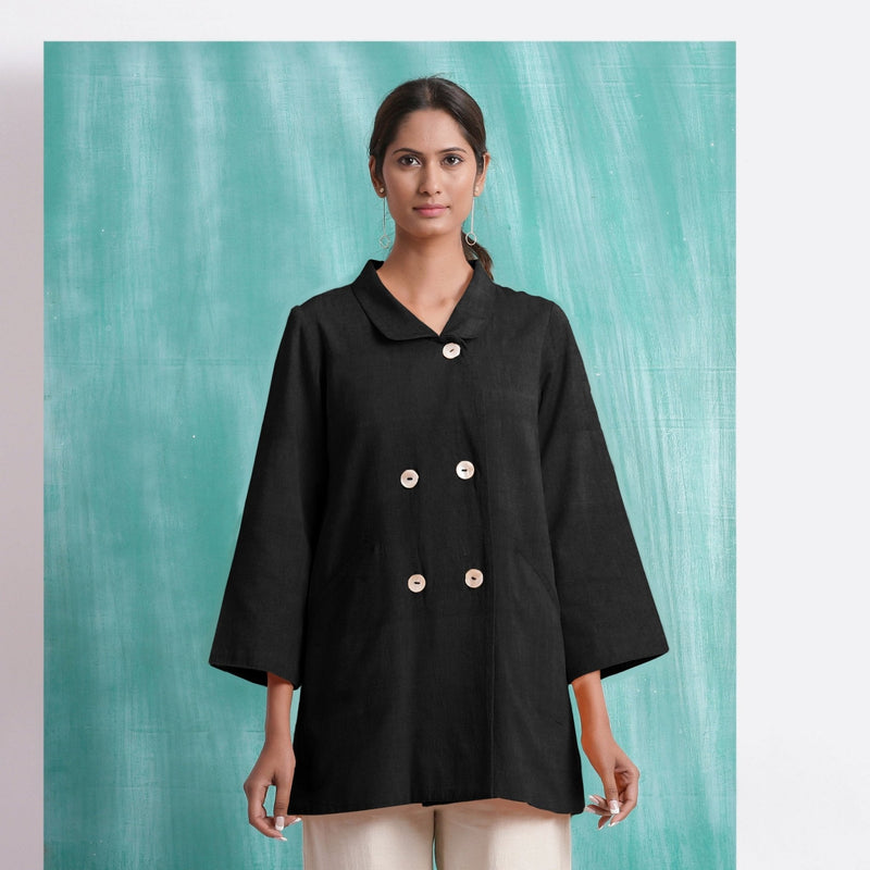 Black Handspun Cotton Welt Pocket Coat