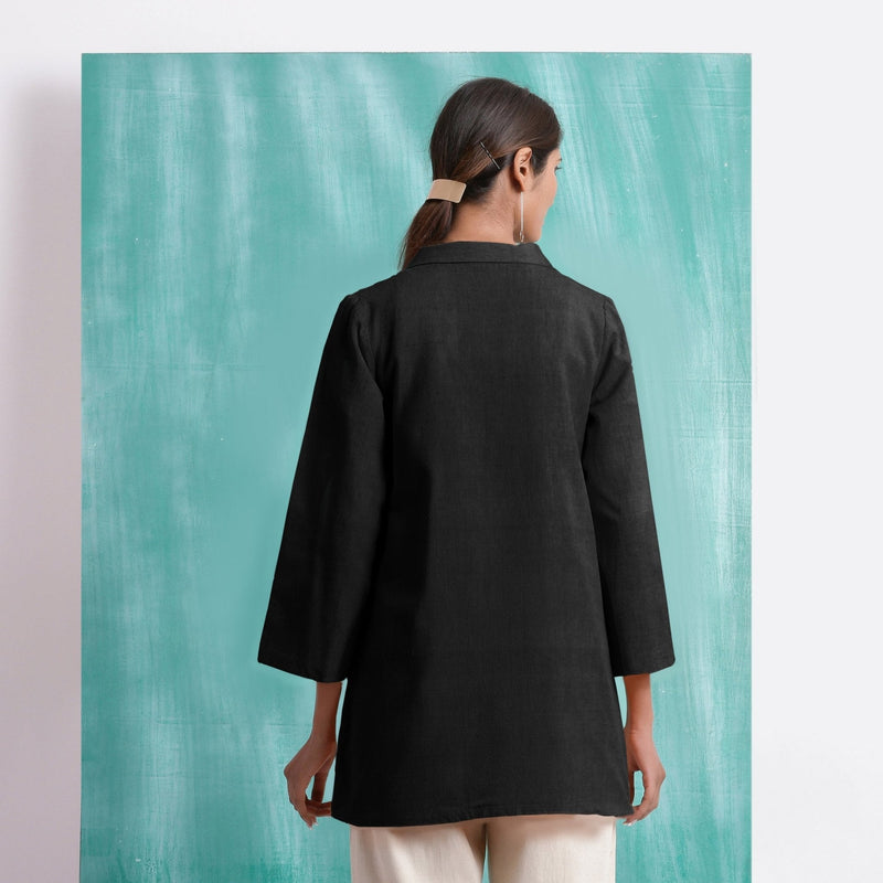 Black Handspun Cotton Welt Pocket Coat