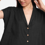 Black Shawl Collar Button-Down Cotton Crop Top
