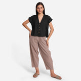 Black Shawl Collar Button-Down Cotton Crop Top