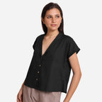 Black Shawl Collar Button-Down Cotton Crop Top