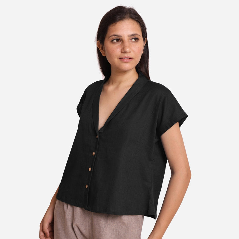 Black Shawl Collar Button-Down Cotton Crop Top