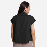 Black Shawl Collar Button-Down Cotton Crop Top