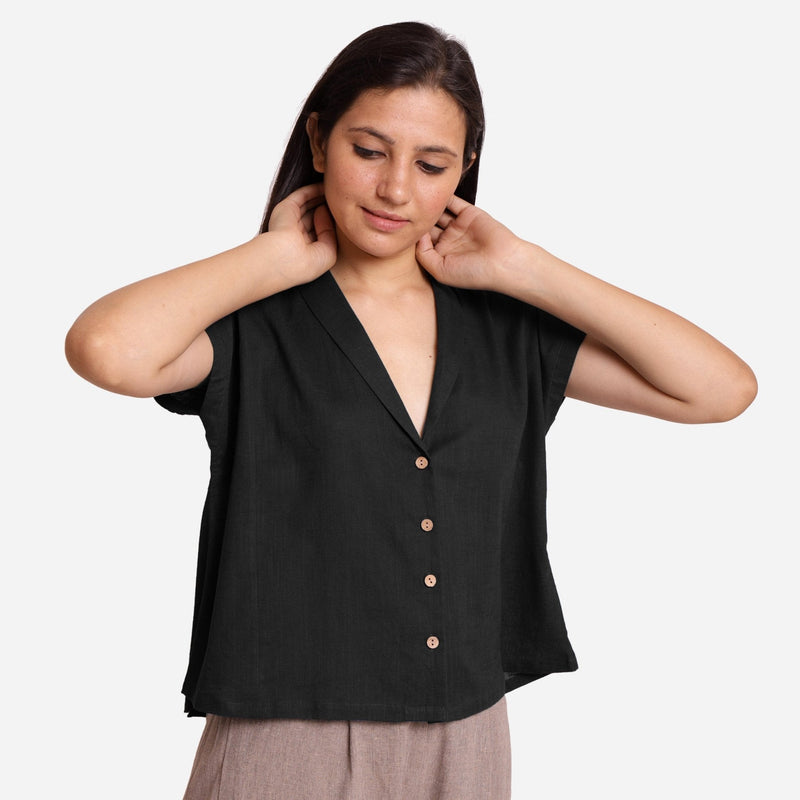 Black Shawl Collar Button-Down Cotton Crop Top