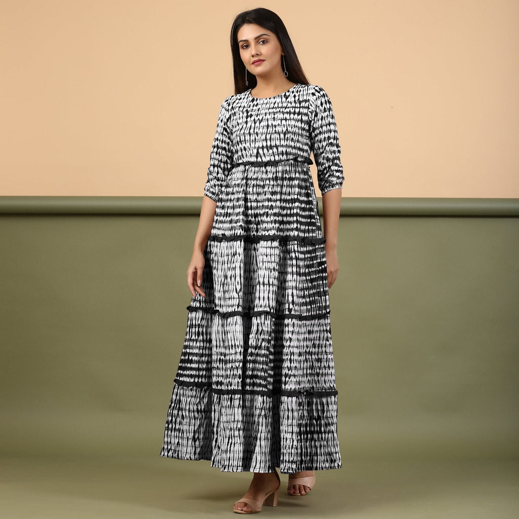 Black Shibori Tie-Dye Cotton Ankle Length Tier Bohemian Dress