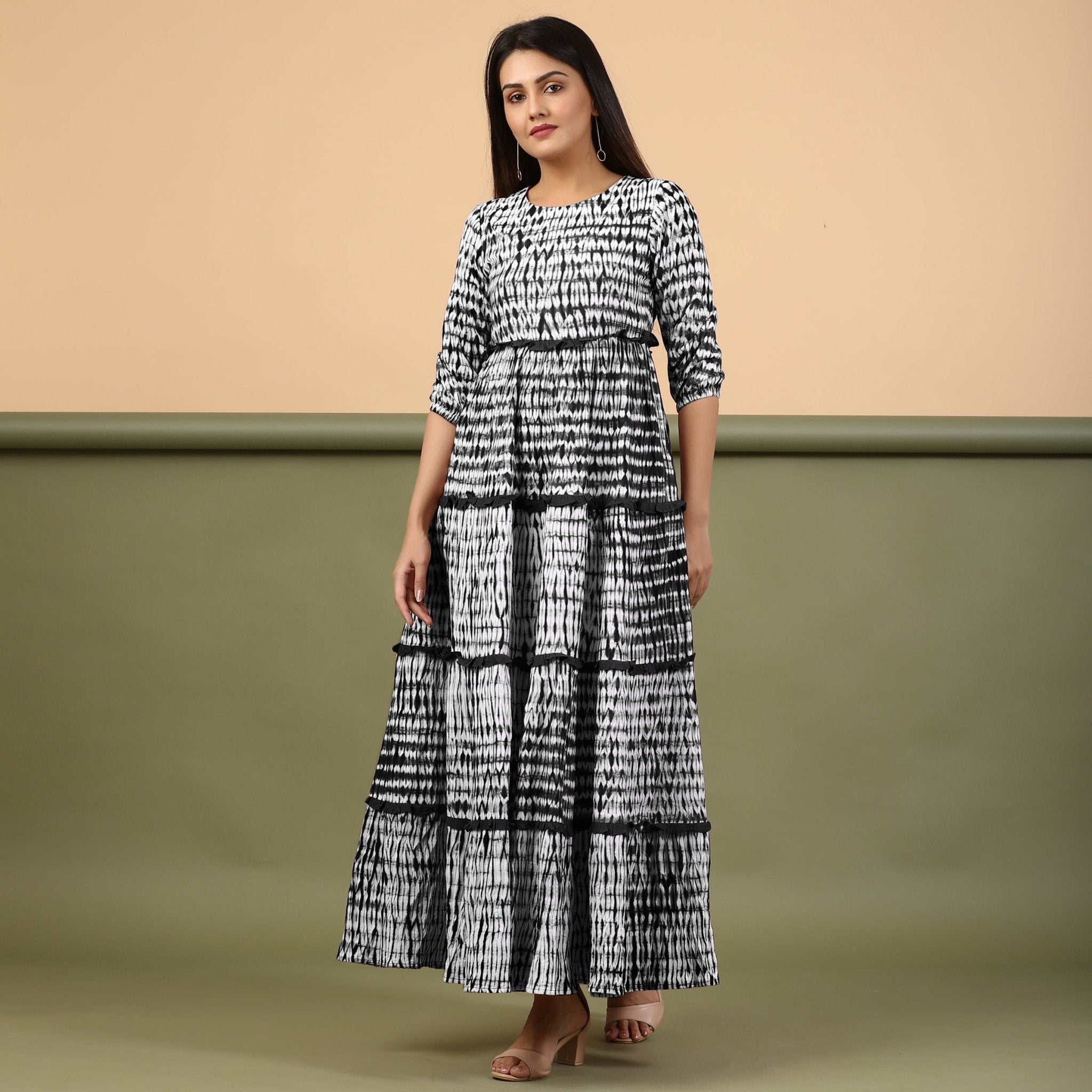 Black Shibori Tie-Dye Cotton Ankle Length Tier Bohemian Dress