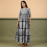 Black Shibori Tie-Dye Cotton Ankle Length Tier Bohemian Dress