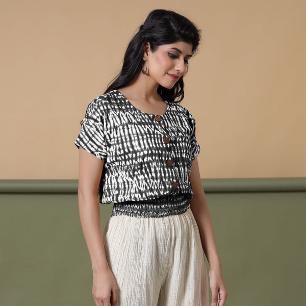 Black Shibori Tie-Dye Cotton Blouson Top