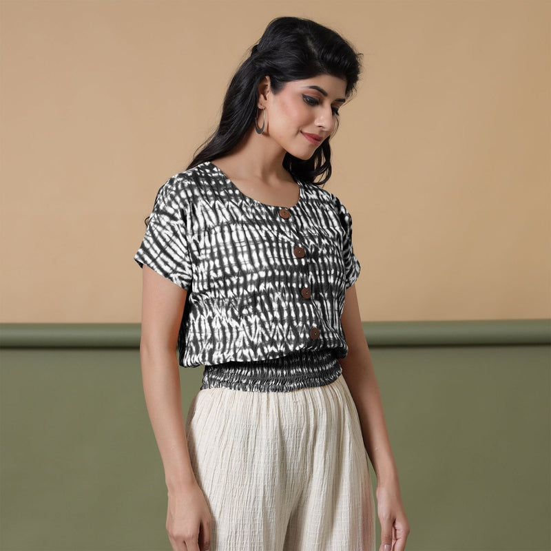 Black Shibori Tie-Dye Cotton Blouson Top