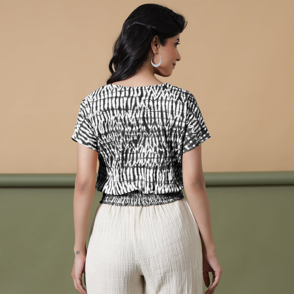 Black Shibori Tie-Dye Cotton Blouson Top