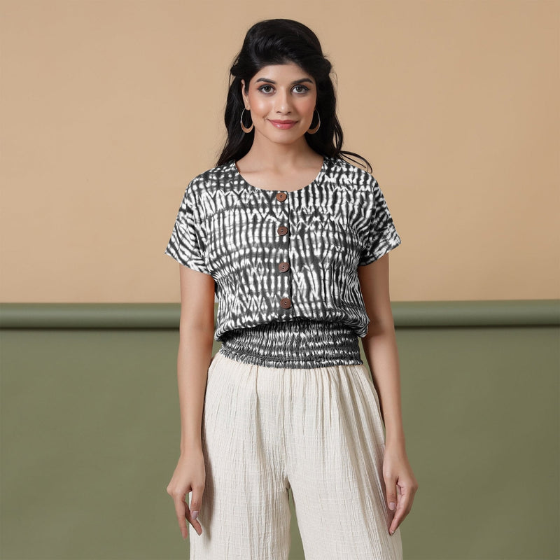 Black Shibori Tie-Dye Cotton Blouson Top
