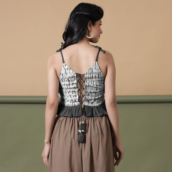 Black Shibori Tie-Dye Cotton Frilled Camisole Top