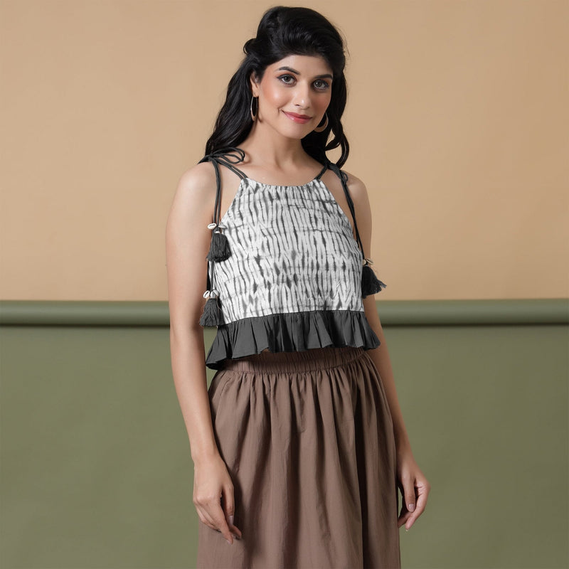 Black Shibori Tie-Dye Cotton Frilled Camisole Top