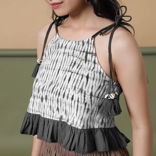 Black Shibori Tie-Dye Cotton Frilled Camisole Top
