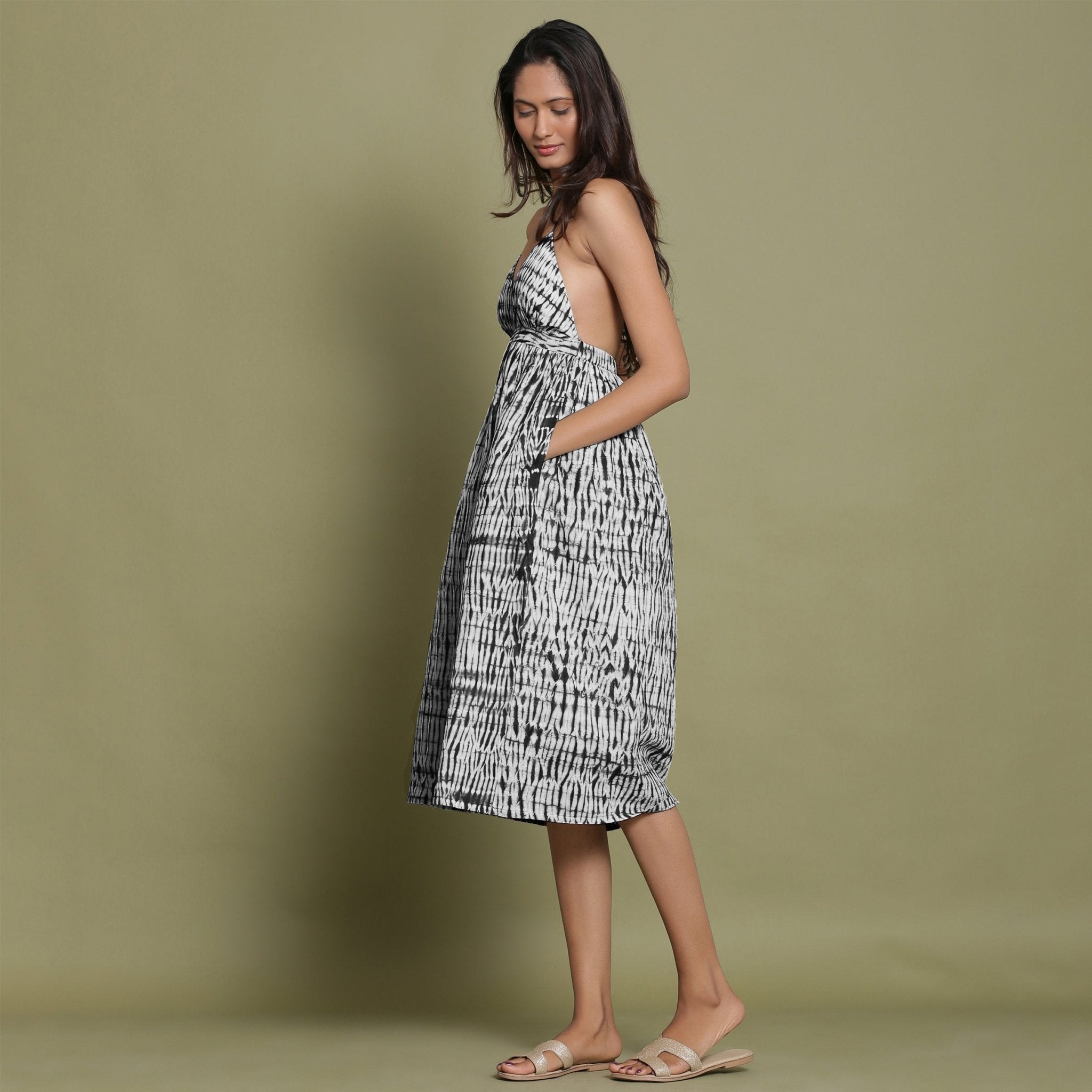 Black Shibori Tie-Dye Cotton Halter Neck Gathered Midi Dress