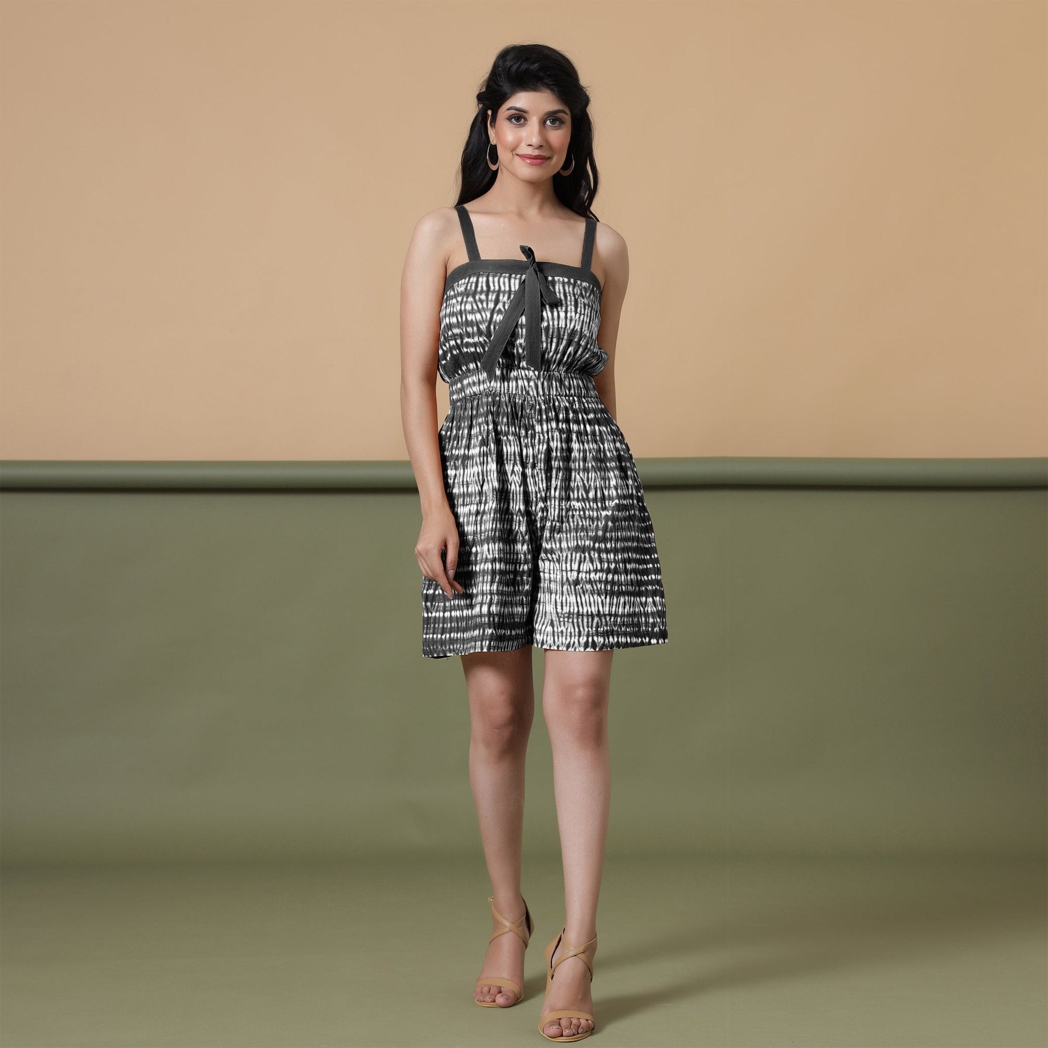 Black Shibori Tie-Dye Cotton Strap Sleeve Gathered Romper