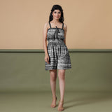Black Shibori Tie-Dye Cotton Strap Sleeve Gathered Romper