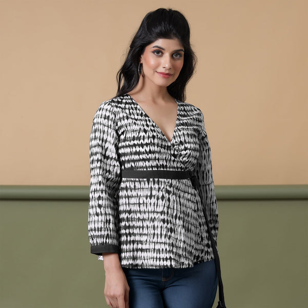 Black Shibori Tie-Dye Cotton Wrap Top