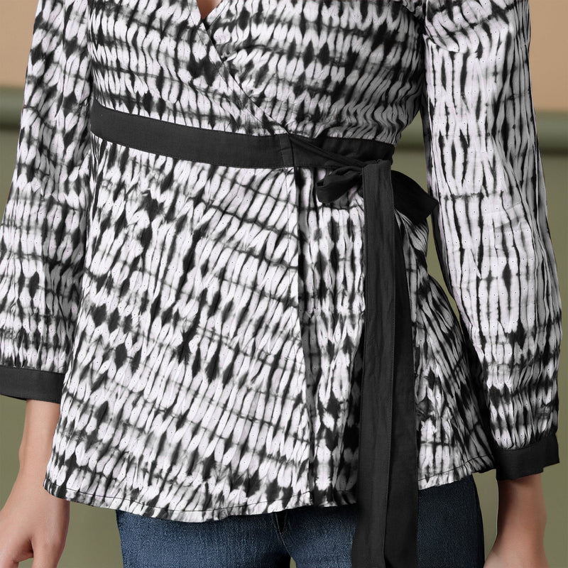 Black Shibori Tie-Dye Cotton Wrap Top
