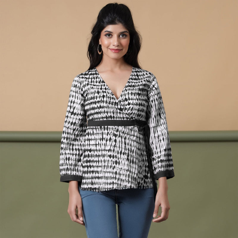 Black Shibori Tie-Dye Cotton Wrap Top