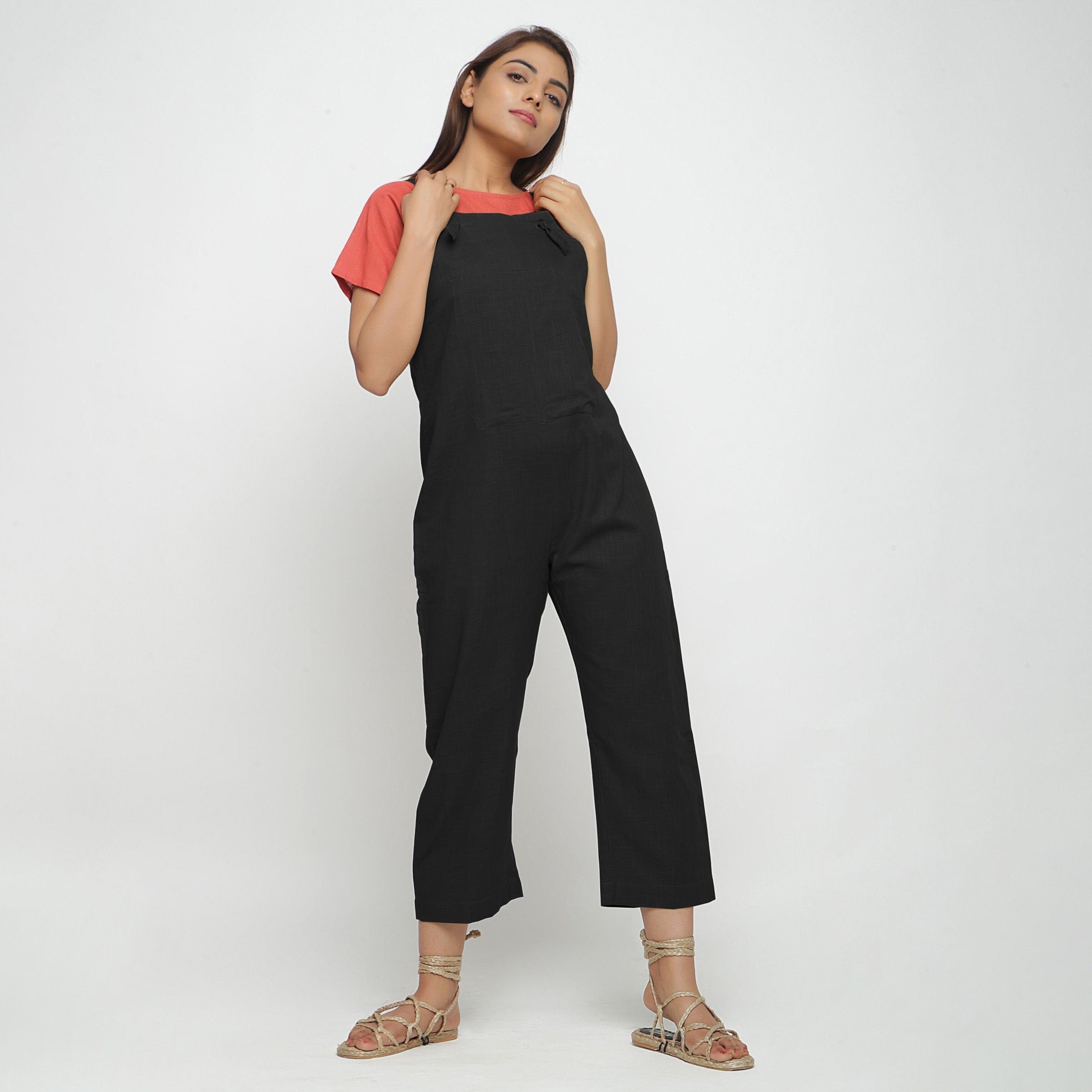 Black Strap Sleeve Cotton Dungaree Jumpsuit