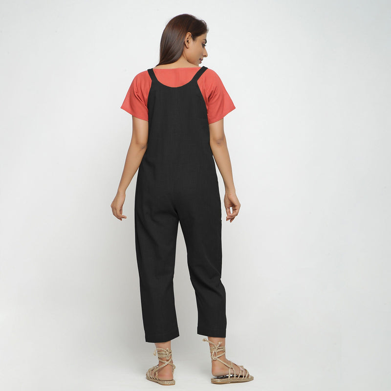 Black Strap Sleeve Cotton Dungaree Jumpsuit