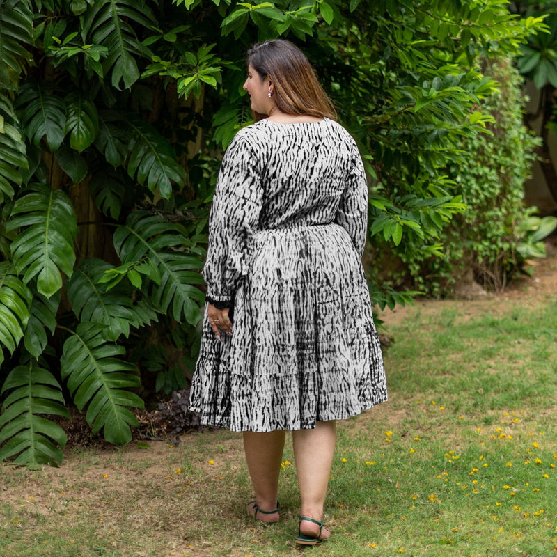 Black Tie-Dye Cotton Bohemian Knee Length Gathered Dress