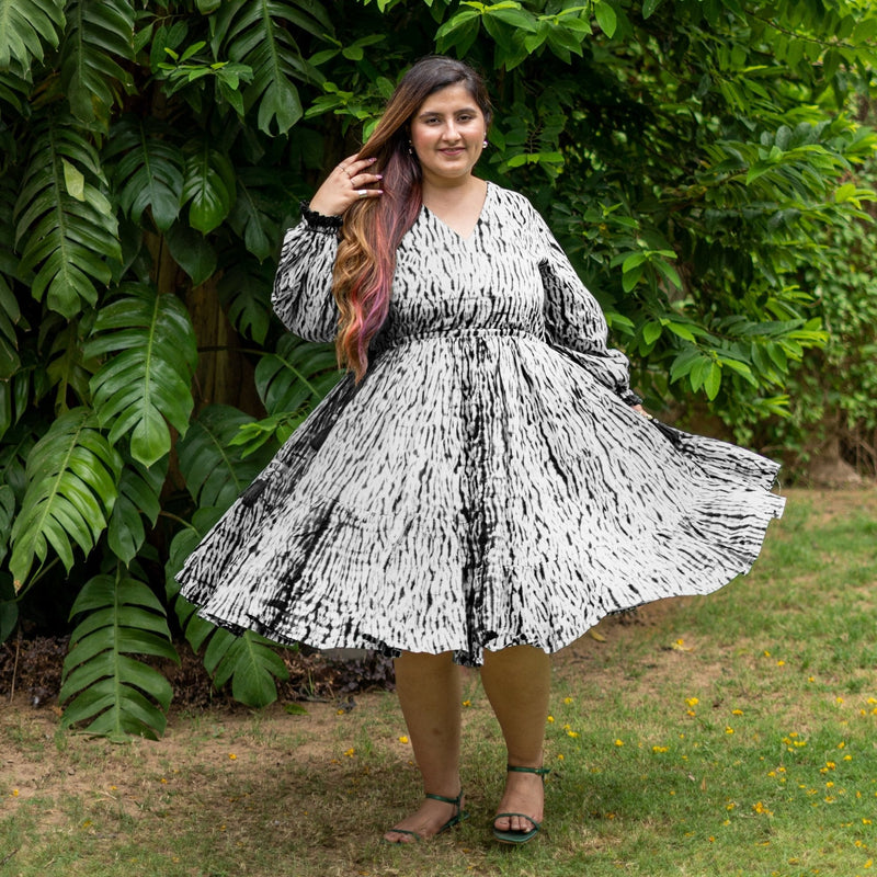 Black Tie-Dye Cotton Bohemian Knee Length Gathered Dress