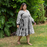 Black Tie-Dye Cotton Bohemian Knee Length Gathered Dress