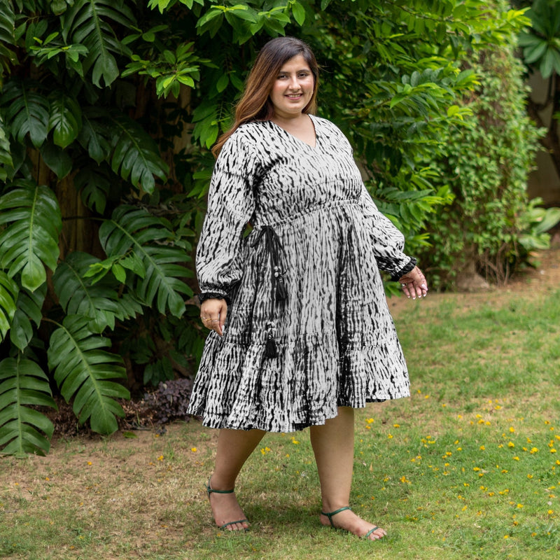 Black Tie-Dye Cotton Bohemian Knee Length Gathered Dress