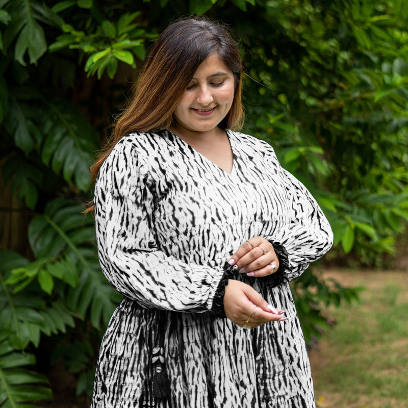 Black Tie-Dye Cotton Bohemian Knee Length Gathered Dress
