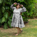 Black Tie-Dye Cotton Bohemian Knee Length Gathered Dress