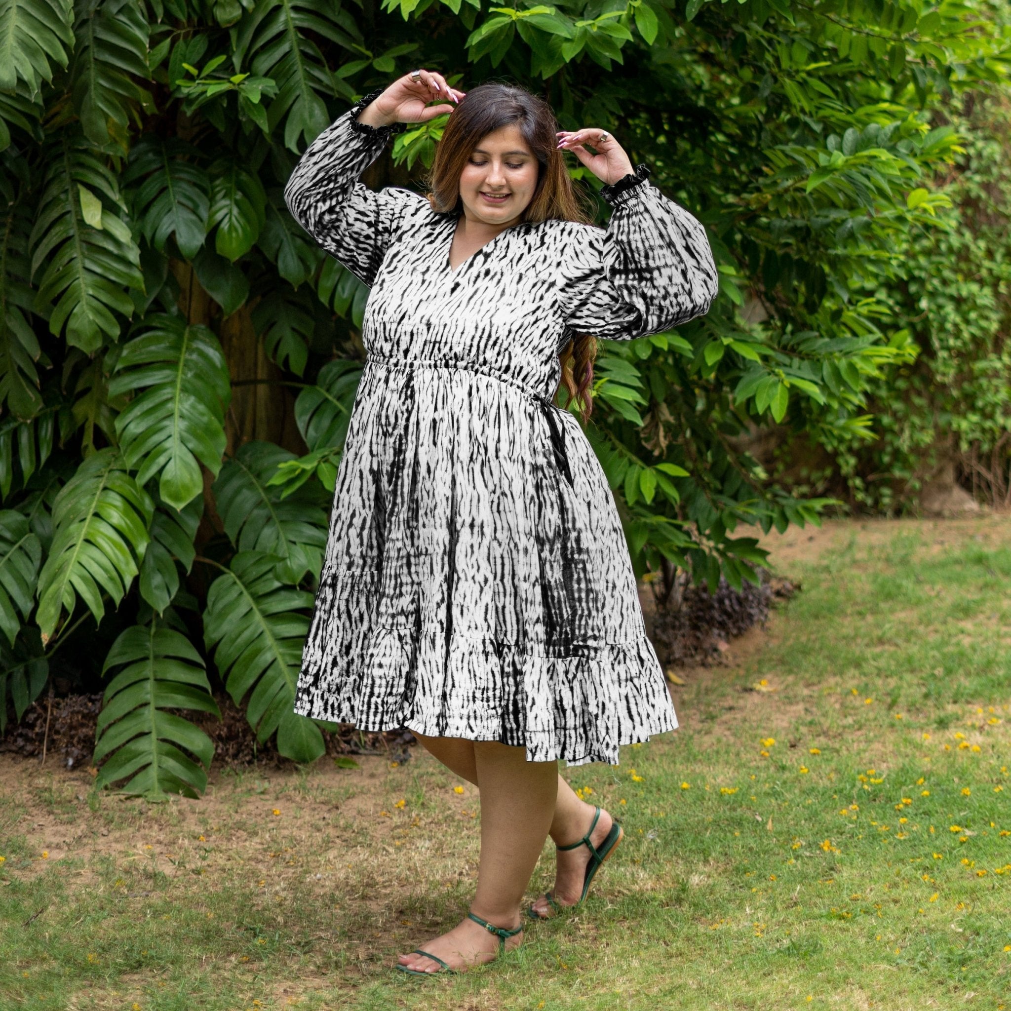 Black Tie-Dye Cotton Bohemian Knee Length Gathered Dress