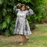 Black Tie-Dye Cotton Bohemian Knee Length Gathered Dress