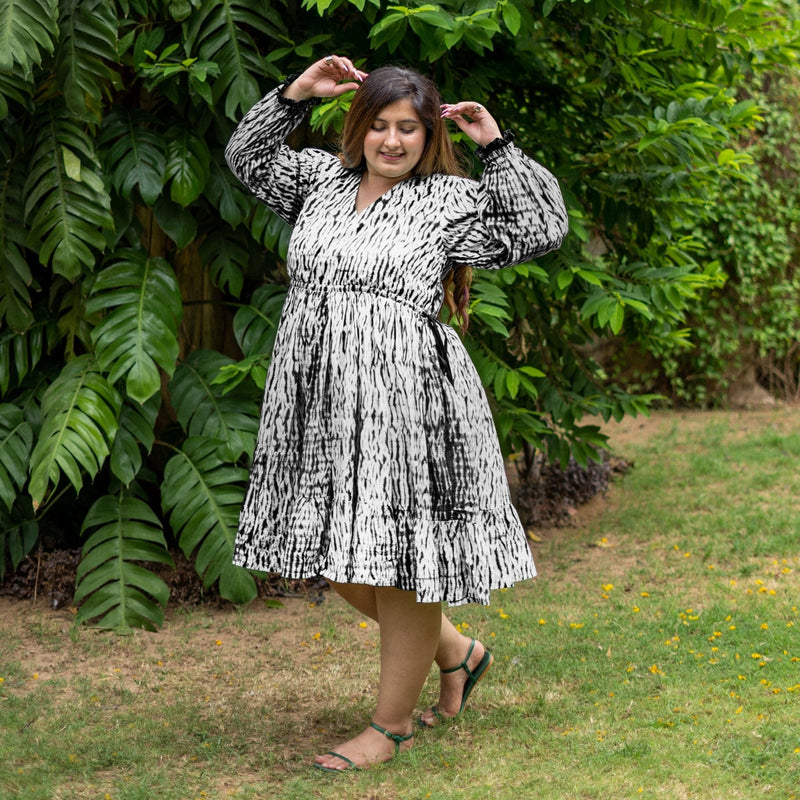 Black Tie-Dye Cotton Bohemian Knee Length Gathered Dress