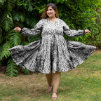 Black Tie-Dye Cotton Bohemian Knee Length Gathered Dress