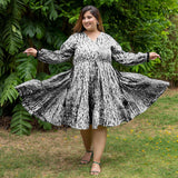 Black Tie-Dye Cotton Bohemian Knee Length Gathered Dress