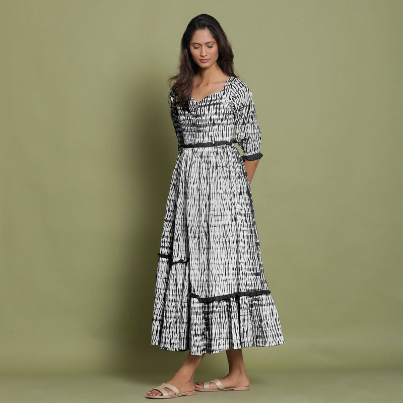 Black Tie-Dye Cotton Sweetheart Neck Asymmetrical Maxi Dress